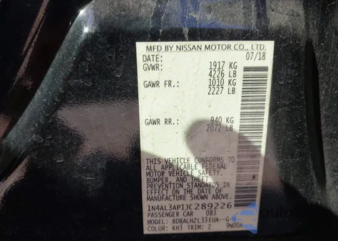 2018 Nissan Altima 2.5 Sr from USA, damaged, VIN 1N4AL3AP1JC289226